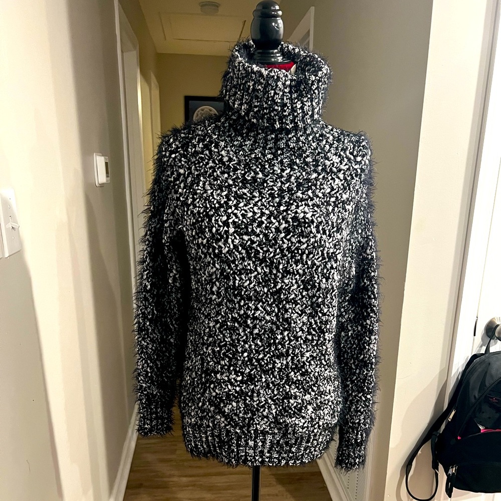 POL Black and White Fuzzy Turtleneck Sweater